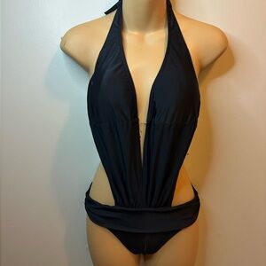 Black Monokini Swimsuit – Deep Plunge, Halter Tie, Waist Wrap